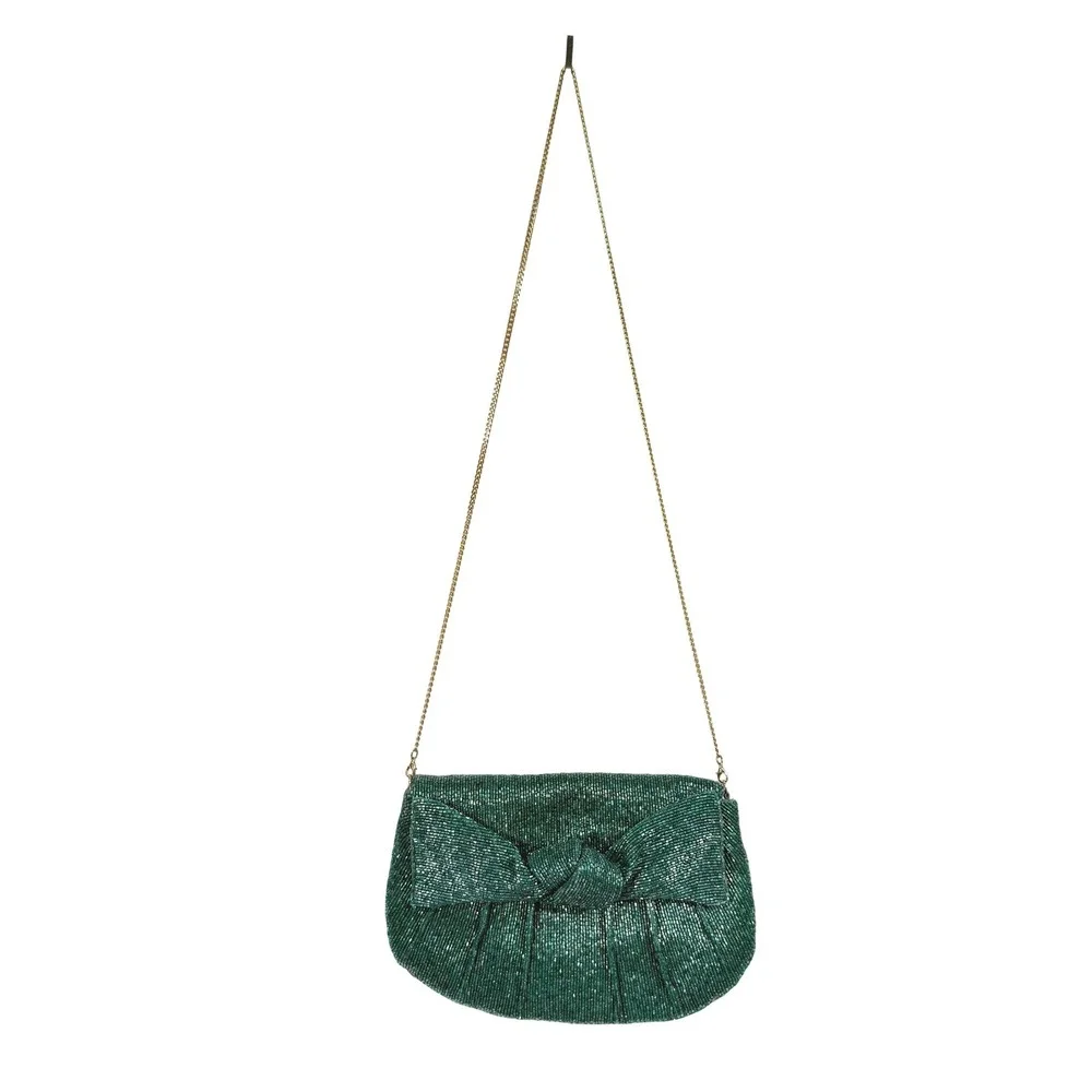 Maeve‎ Anthropologie Green Beaded Bow Clutch Chain Strap NWOT
